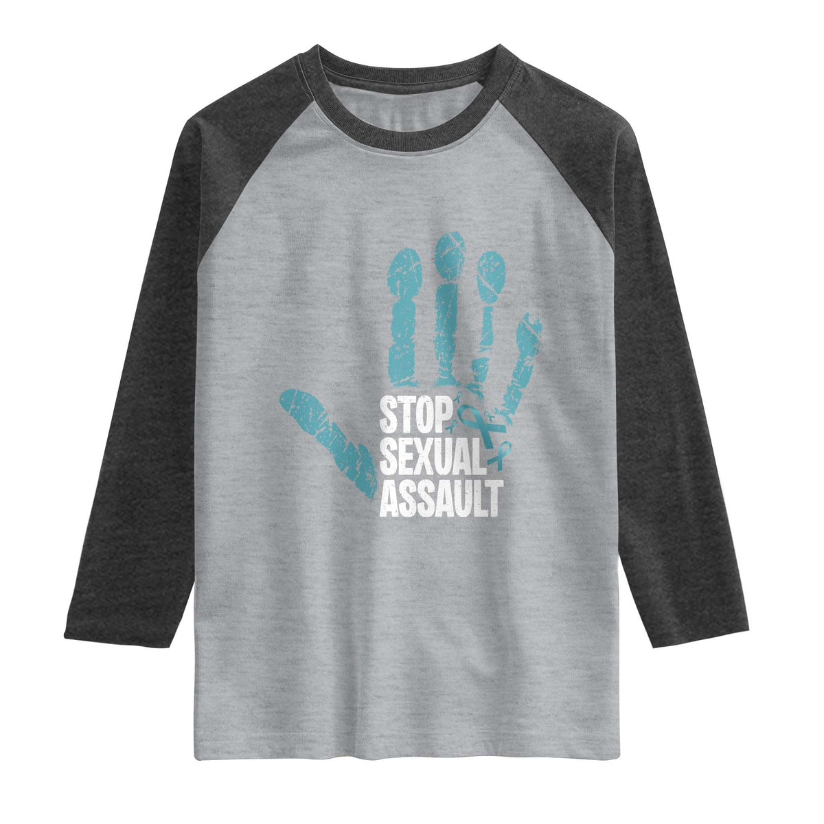 Stop Sexual Assault Raglan Shirt Teal Ribbon Hand TS14 Heather Gray Heather Charcoal Print Your Wear