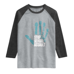 Stop Sexual Assault Raglan Shirt Teal Ribbon Hand TS14 Heather Gray Heather Charcoal Print Your Wear