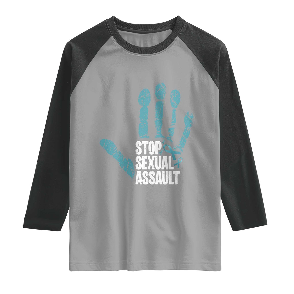Stop Sexual Assault Raglan Shirt Teal Ribbon Hand TS14 Sport Gray Black Print Your Wear