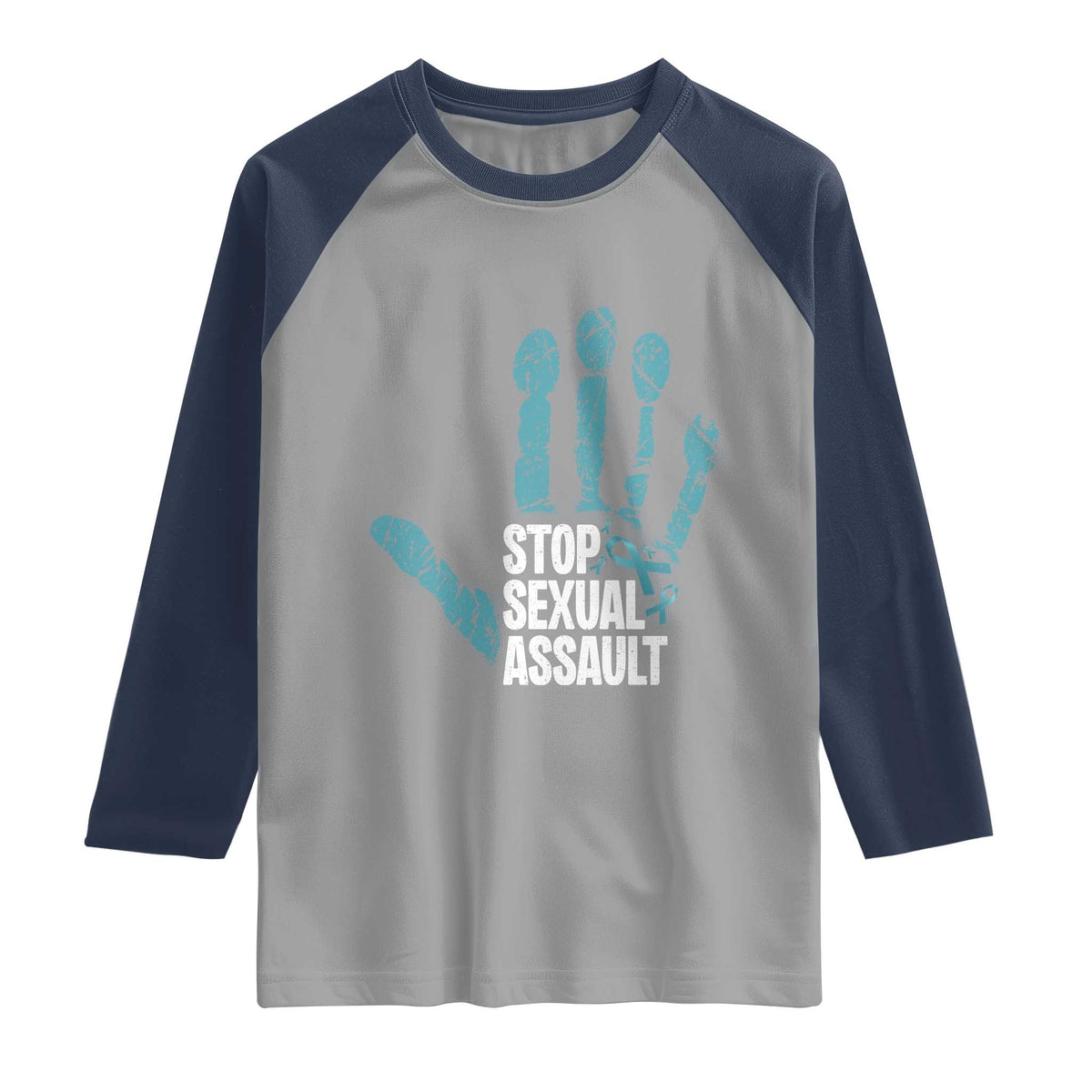 Stop Sexual Assault Raglan Shirt Teal Ribbon Hand TS14 Sport Gray Navy Print Your Wear