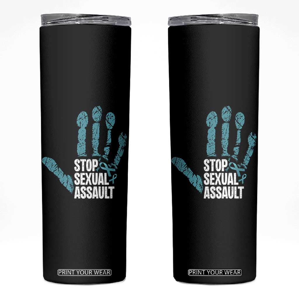 Stop Sexual Assault Skinny Tumbler Teal Ribbon Hand TS14 Black Print Your Wear