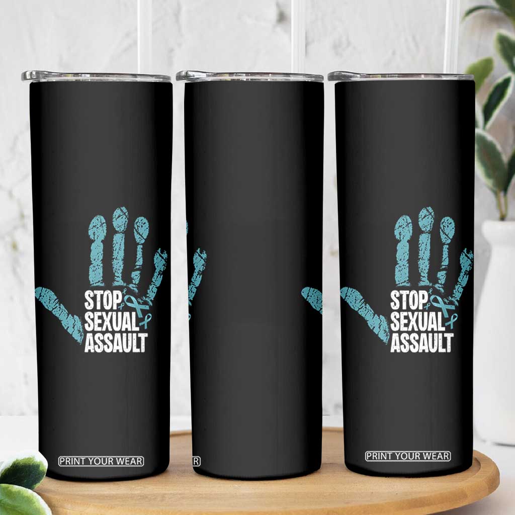 Stop Sexual Assault Skinny Tumbler Teal Ribbon Hand TS14 Print Your Wear