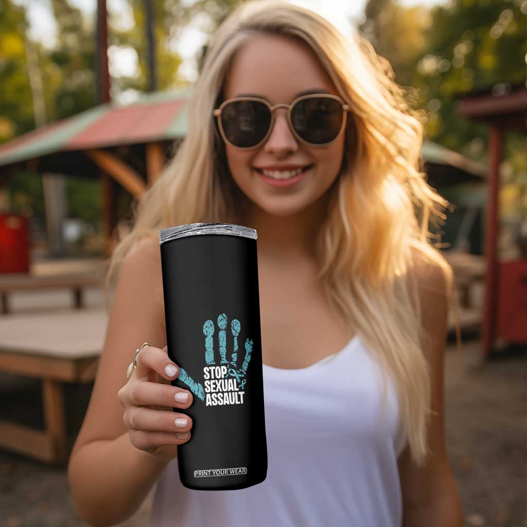 Stop Sexual Assault Skinny Tumbler Teal Ribbon Hand TS14 Print Your Wear