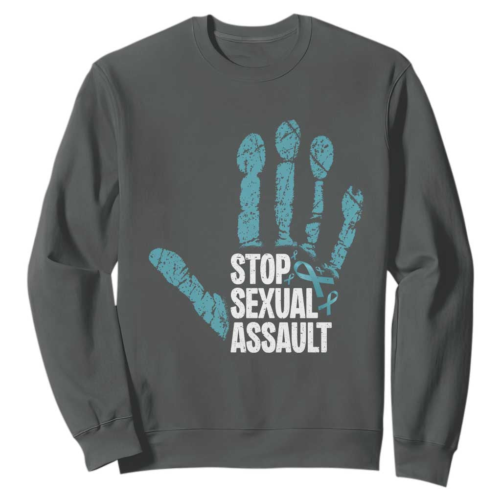 Stop Sexual Assault Sweatshirt Teal Ribbon Hand TS14 Dark Heather Print Your Wear