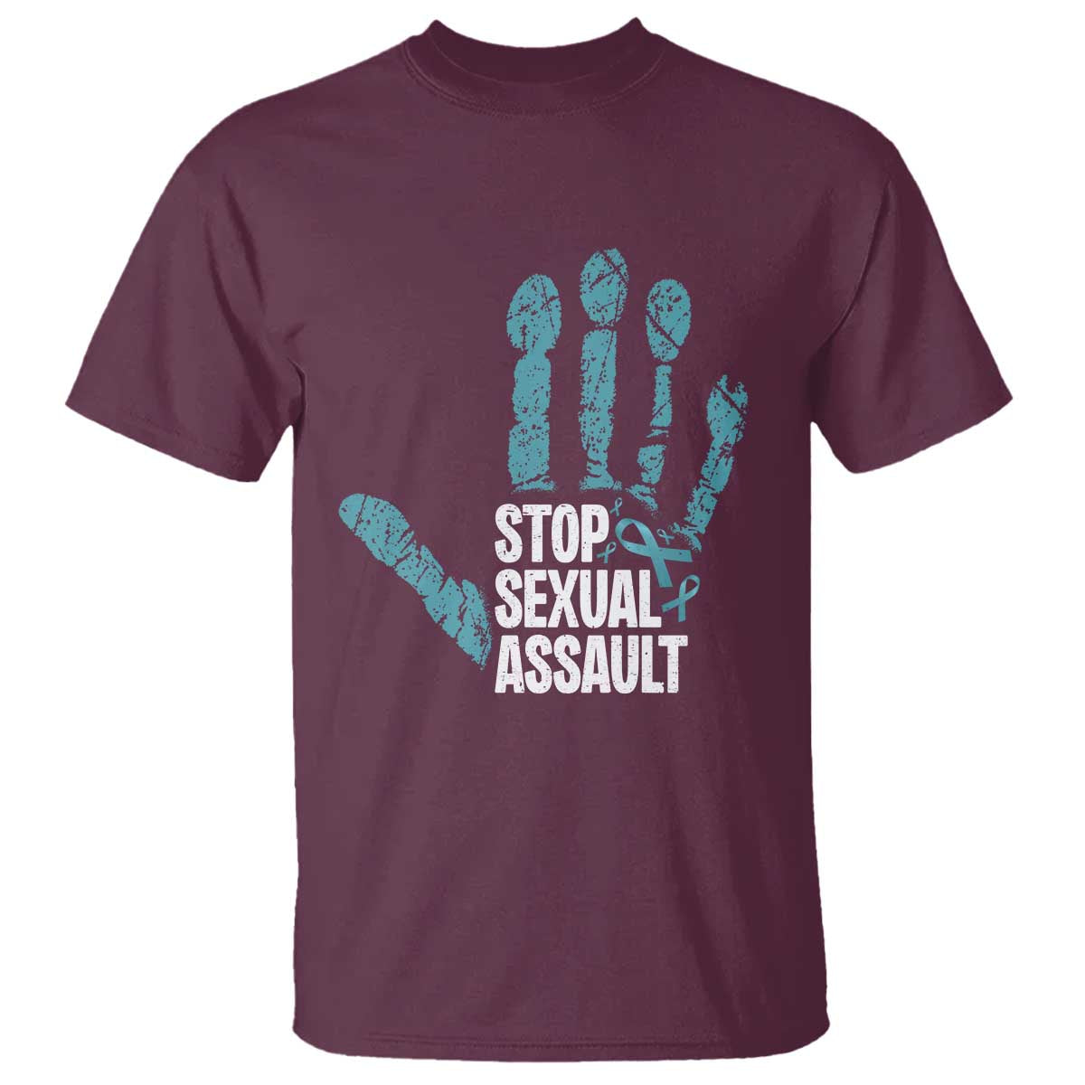 Stop Sexual Assault T Shirt Teal Ribbon Hand TS14 Maroon Print Your Wear