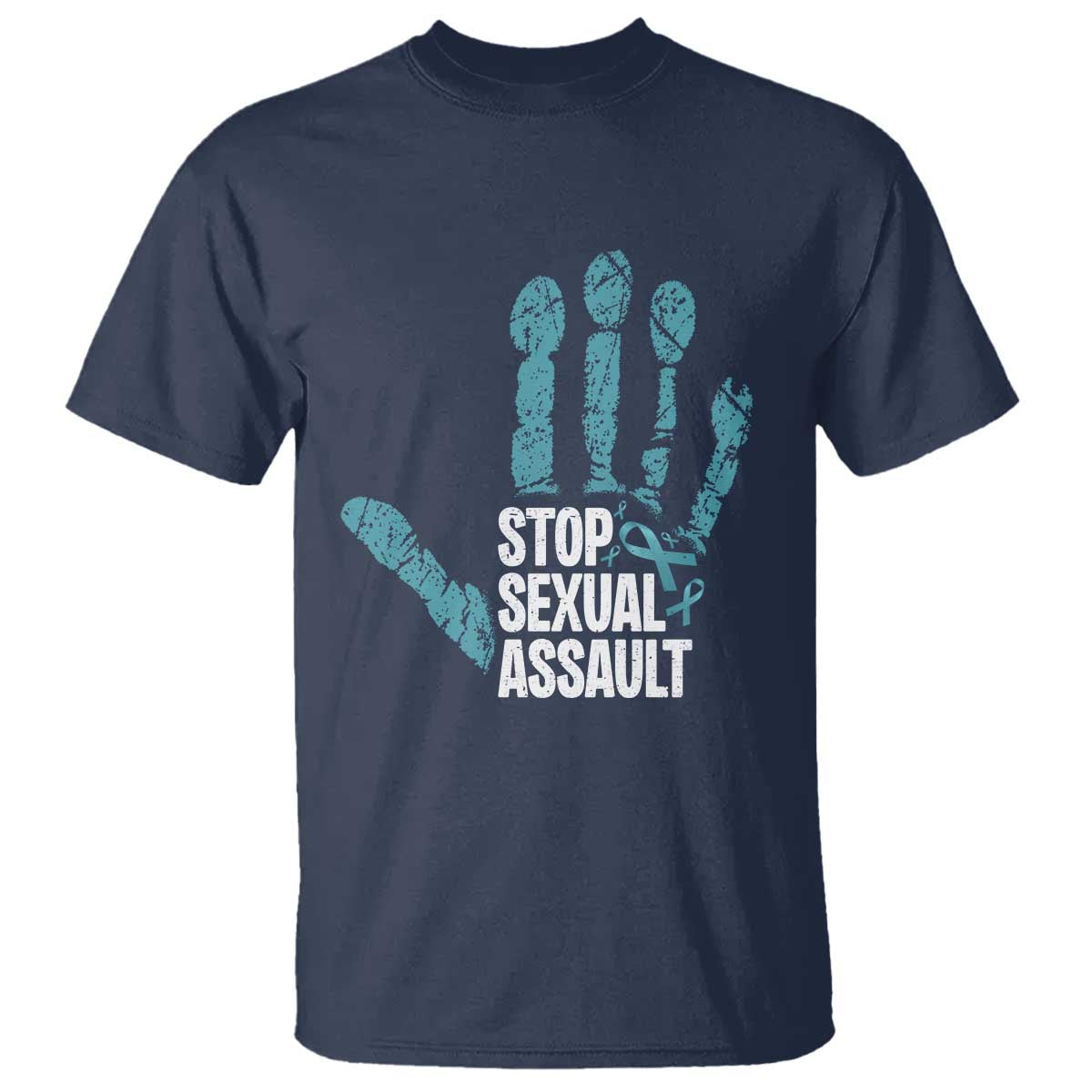 Stop Sexual Assault T Shirt Teal Ribbon Hand TS14 Navy Print Your Wear