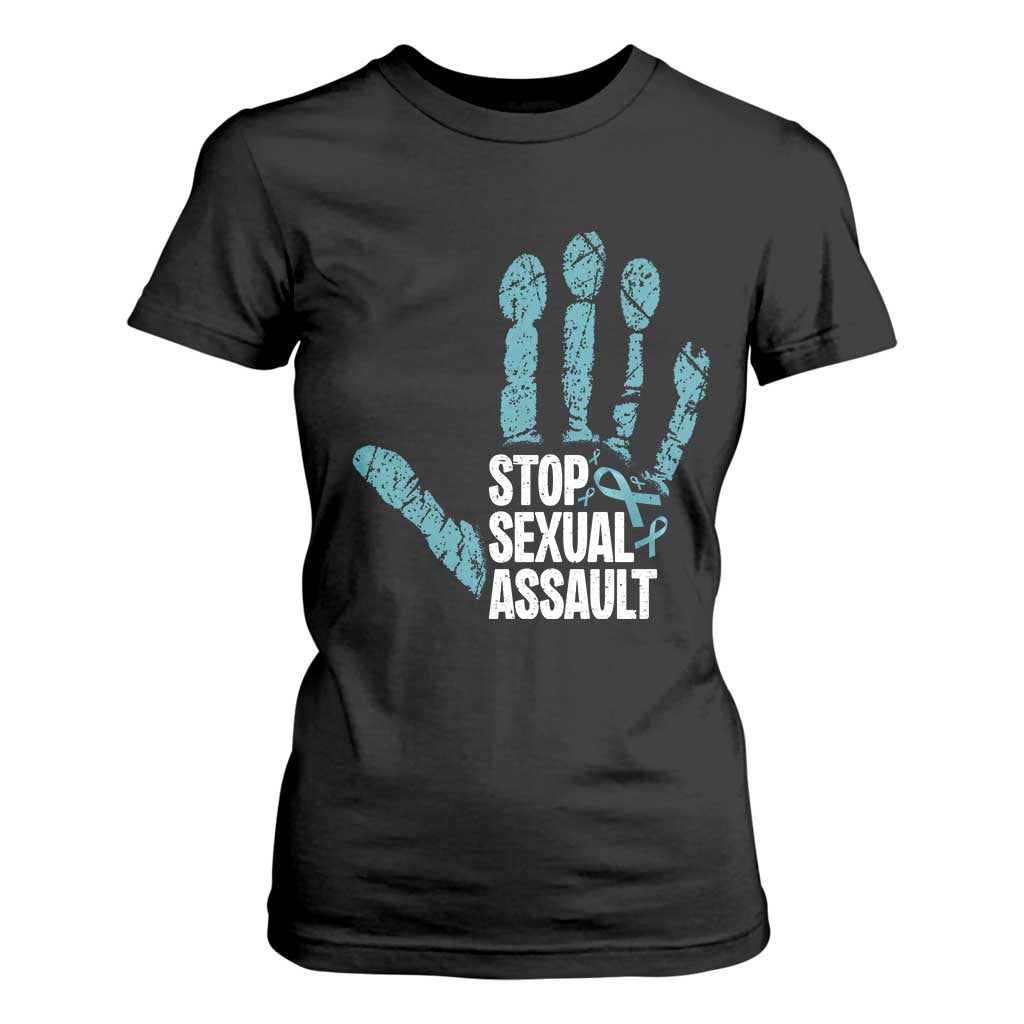 Stop Sexual Assault T Shirt For Women Teal Ribbon Hand TS14 Black Print Your Wear
