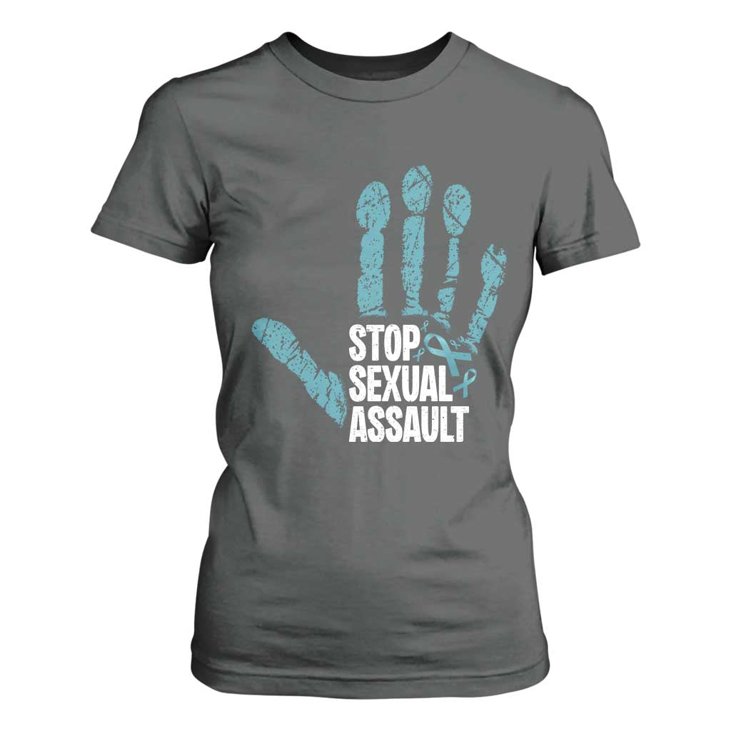 Stop Sexual Assault T Shirt For Women Teal Ribbon Hand TS14 Dark Heather Print Your Wear