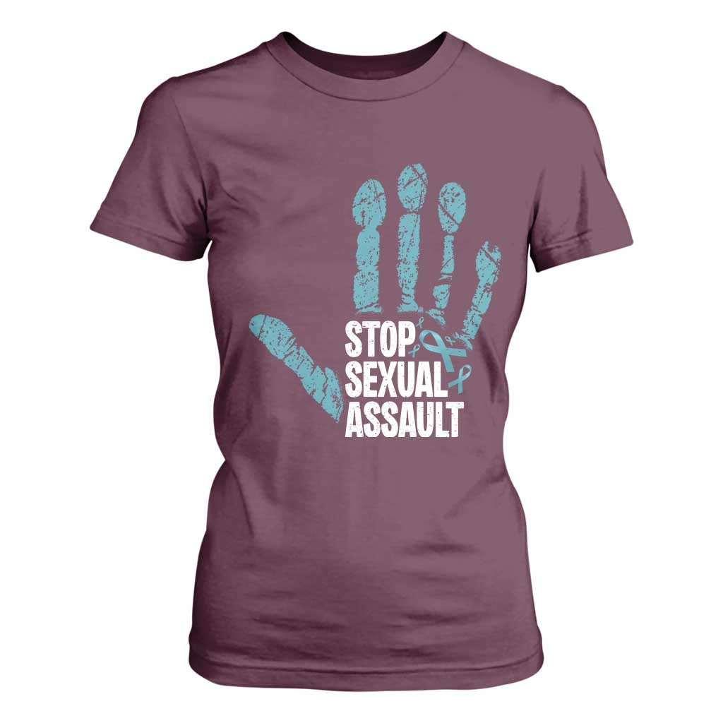 Stop Sexual Assault T Shirt For Women Teal Ribbon Hand TS14 Maroon Print Your Wear