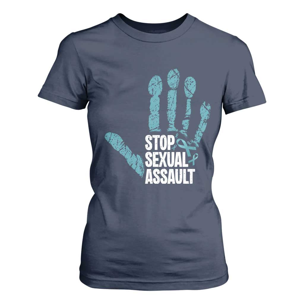 Stop Sexual Assault T Shirt For Women Teal Ribbon Hand TS14 Navy Print Your Wear