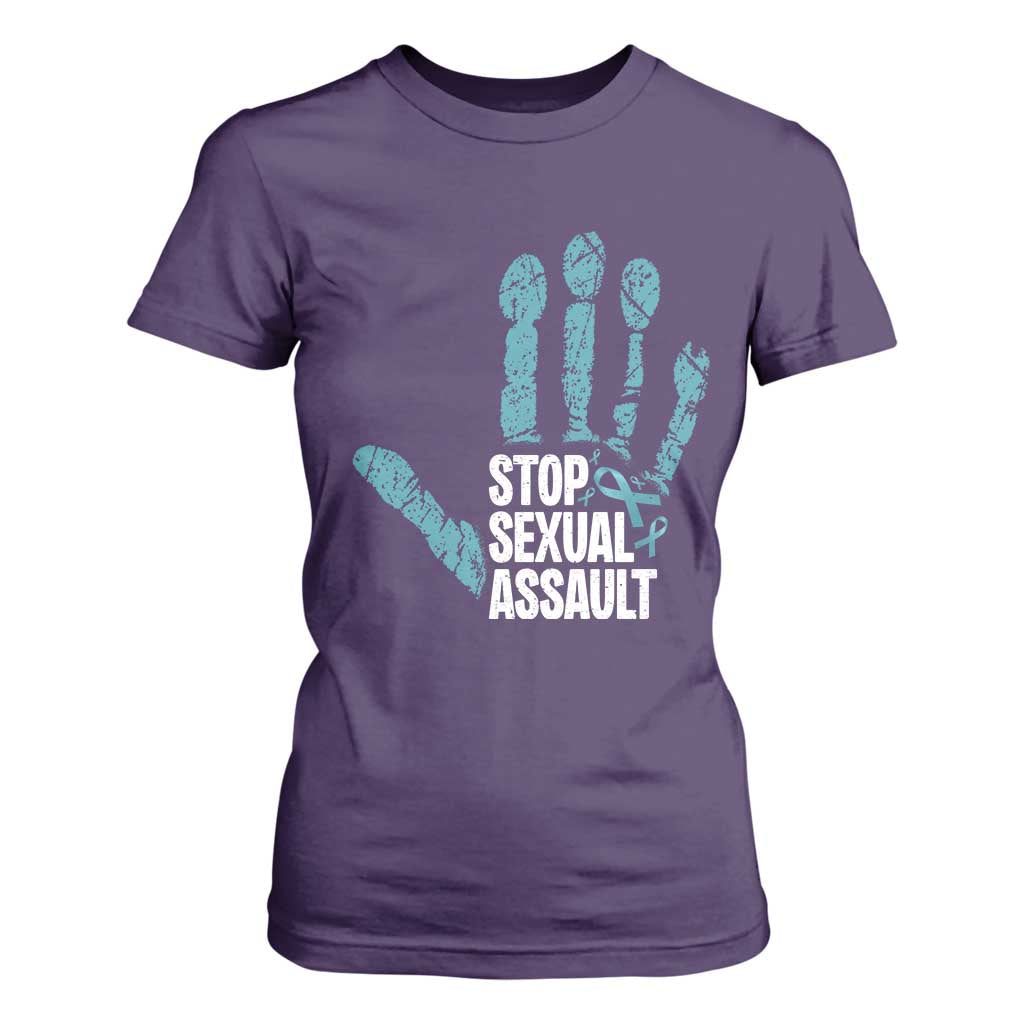 Stop Sexual Assault T Shirt For Women Teal Ribbon Hand TS14 Purple Print Your Wear