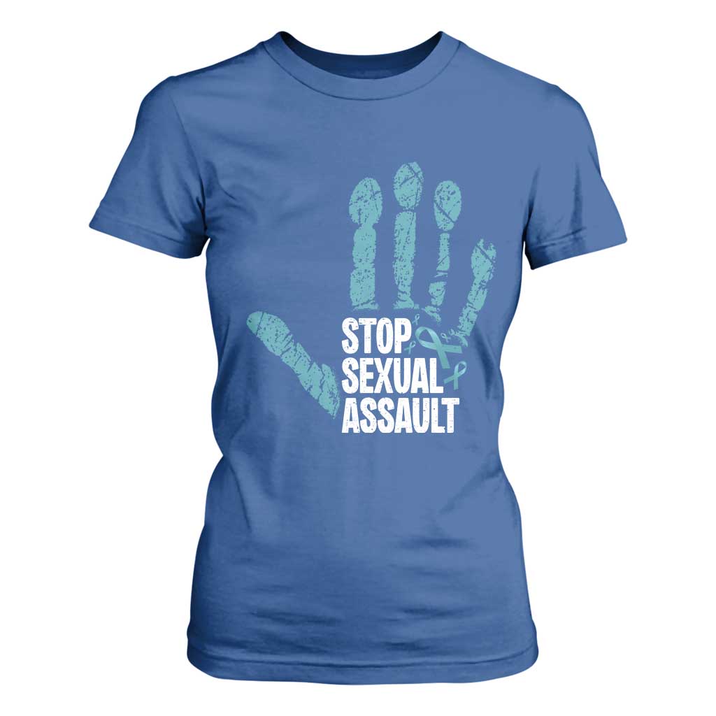 Stop Sexual Assault T Shirt For Women Teal Ribbon Hand TS14 Royal Blue Print Your Wear