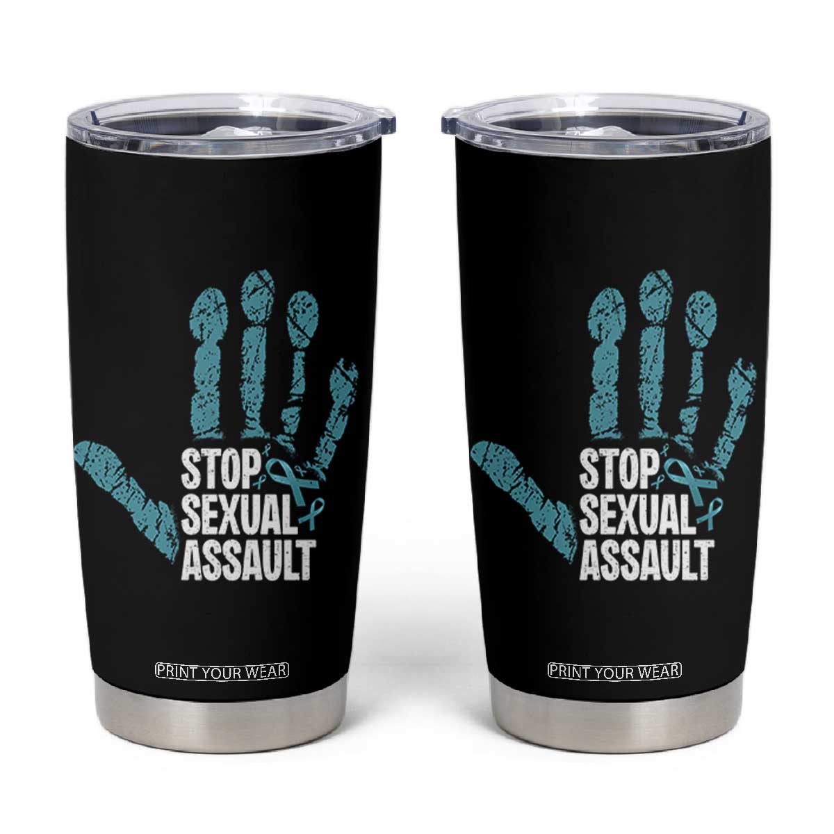 Stop Sexual Assault Tumbler Cup Teal Ribbon Hand TS14 Black Print Your Wear