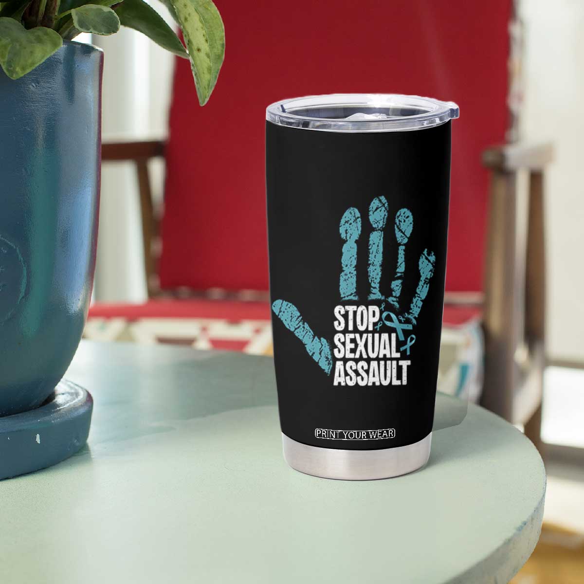 Stop Sexual Assault Tumbler Cup Teal Ribbon Hand TS14 Print Your Wear