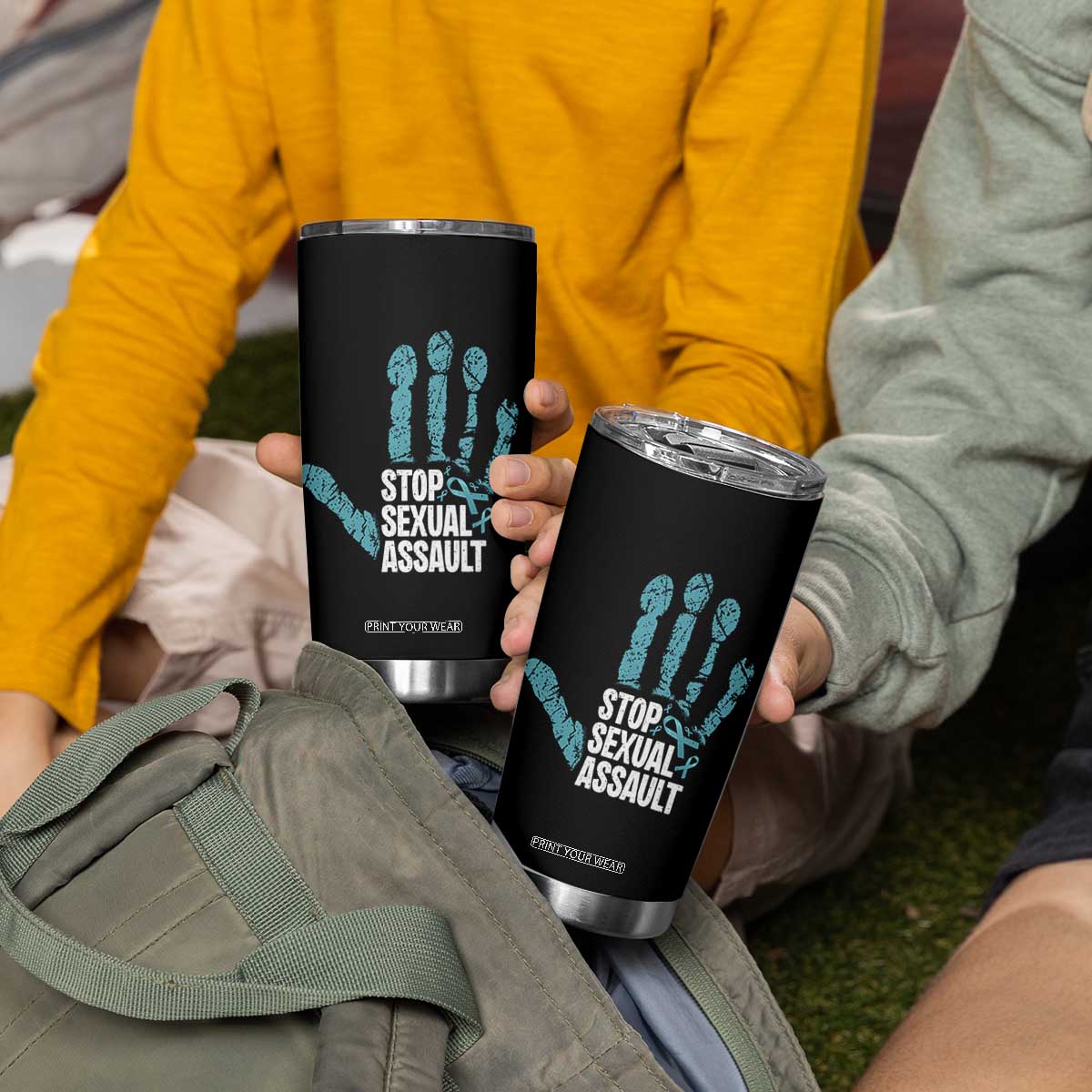 Stop Sexual Assault Tumbler Cup Teal Ribbon Hand TS14 Print Your Wear