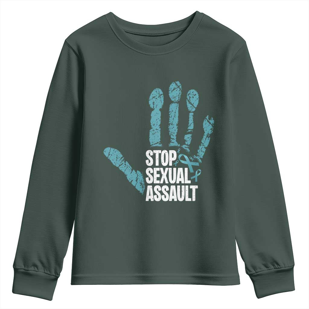 Stop Sexual Assault Youth Sweatshirt Teal Ribbon Hand TS14 Dark Forest Green Print Your Wear