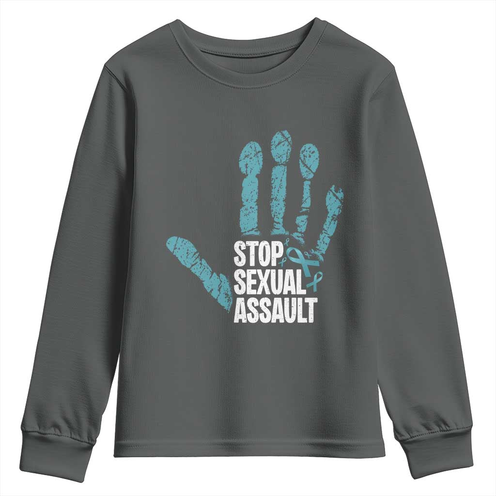 Stop Sexual Assault Youth Sweatshirt Teal Ribbon Hand TS14 Dark Heather Print Your Wear