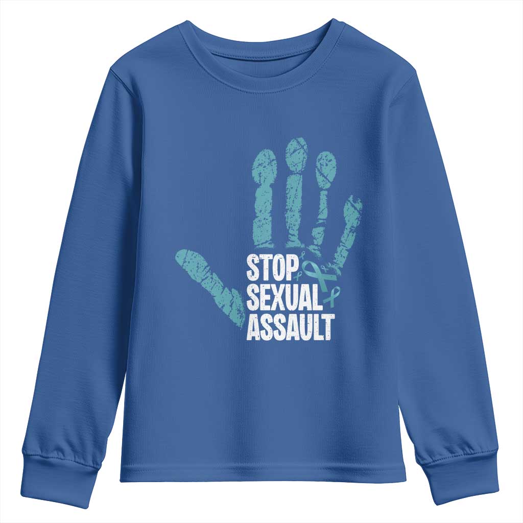 Stop Sexual Assault Youth Sweatshirt Teal Ribbon Hand TS14 Royal Blue Print Your Wear