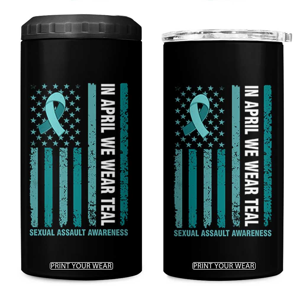 Sexual Assault Awareness American Flag 4 in 1 Can Cooler Tumbler In April We Wear Teal Ribbon TS14 One Size: 16 oz Black Print Your Wear