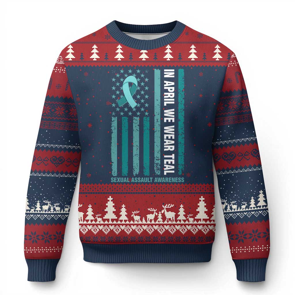 Sexual Assault Awareness American Flag Ugly Christmas Sweater In April We Wear Teal Ribbon TS14 Navy Red Print Your Wear
