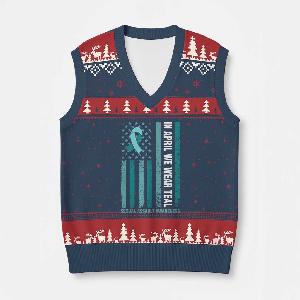 Sexual Assault Awareness American Flag V-Neck Knit Sweater Vest In April We Wear Teal Ribbon TS14 Navy Red Print Your Wear