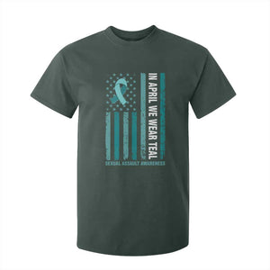 Sexual Assault Awareness American Flag T Shirt For Kid In April We Wear Teal Ribbon TS14 Dark Forest Green Print Your Wear