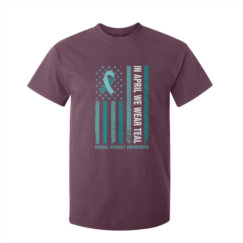 Sexual Assault Awareness American Flag T Shirt For Kid In April We Wear Teal Ribbon TS14 Maroon Print Your Wear