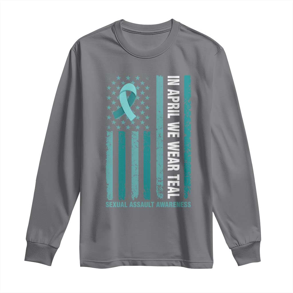 Sexual Assault Awareness American Flag Long Sleeve Shirt In April We Wear Teal Ribbon TS14 Charcoal Print Your Wear