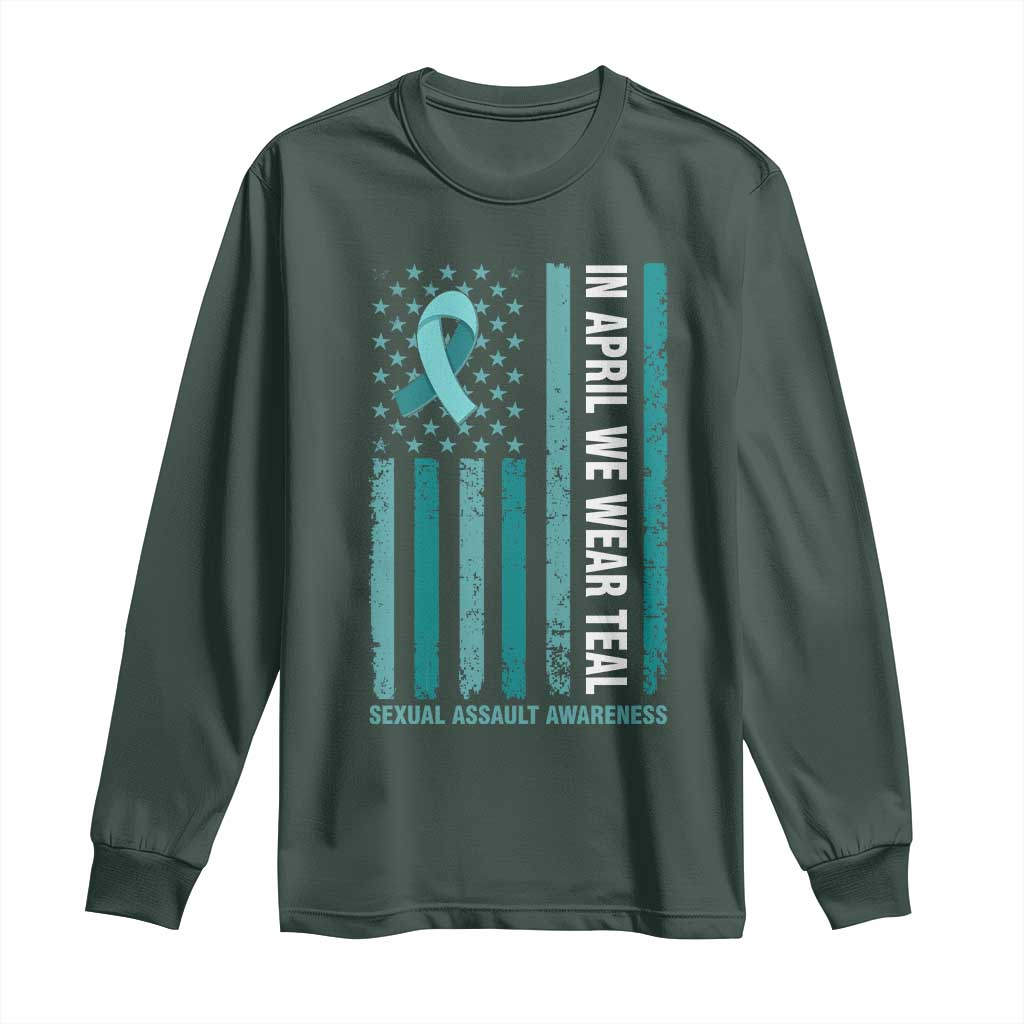 Sexual Assault Awareness American Flag Long Sleeve Shirt In April We Wear Teal Ribbon TS14 Dark Forest Green Print Your Wear