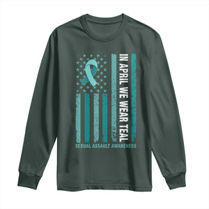 Sexual Assault Awareness American Flag Long Sleeve Shirt In April We Wear Teal Ribbon TS14 Dark Forest Green Print Your Wear