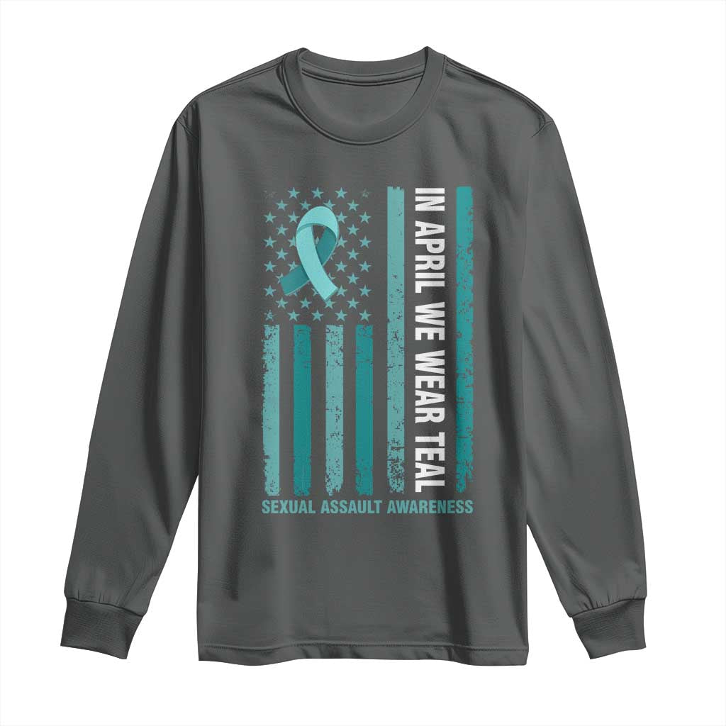 Sexual Assault Awareness American Flag Long Sleeve Shirt In April We Wear Teal Ribbon TS14 Dark Heather Print Your Wear