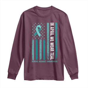 Sexual Assault Awareness American Flag Long Sleeve Shirt In April We Wear Teal Ribbon TS14 Maroon Print Your Wear