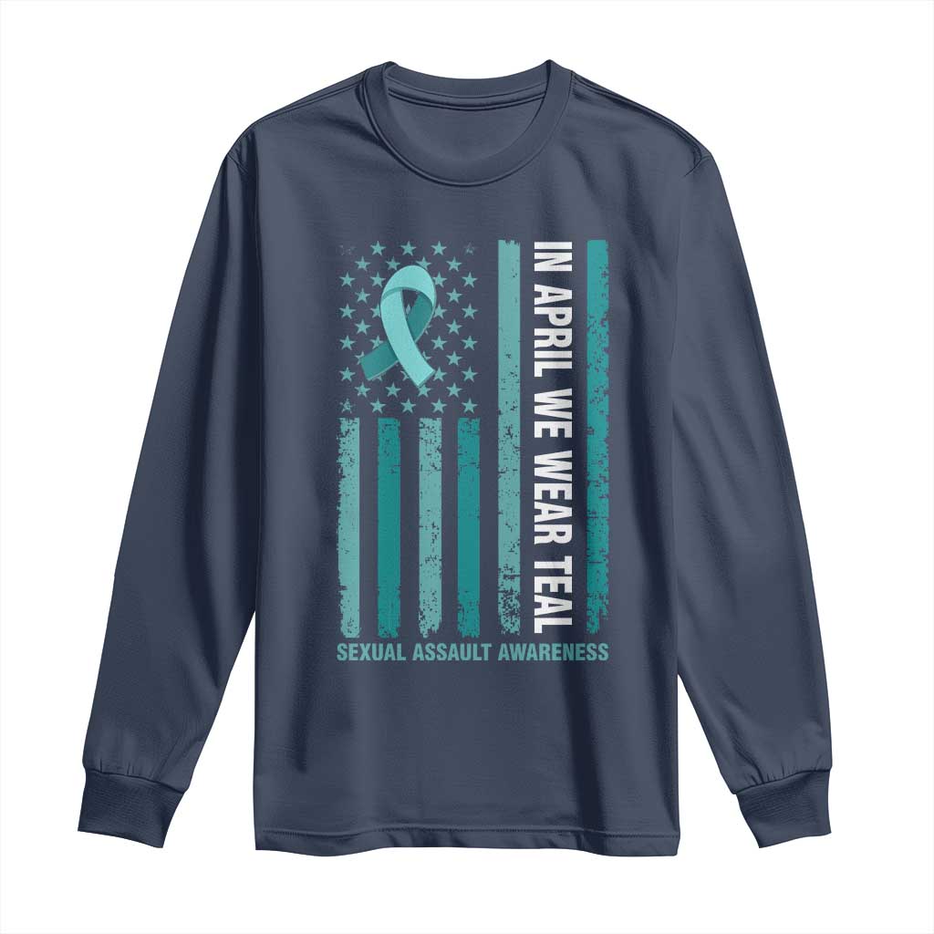 Sexual Assault Awareness American Flag Long Sleeve Shirt In April We Wear Teal Ribbon TS14 Navy Print Your Wear
