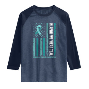 Sexual Assault Awareness American Flag Raglan Shirt In April We Wear Teal Ribbon TS14 Heather Denim Navy Print Your Wear