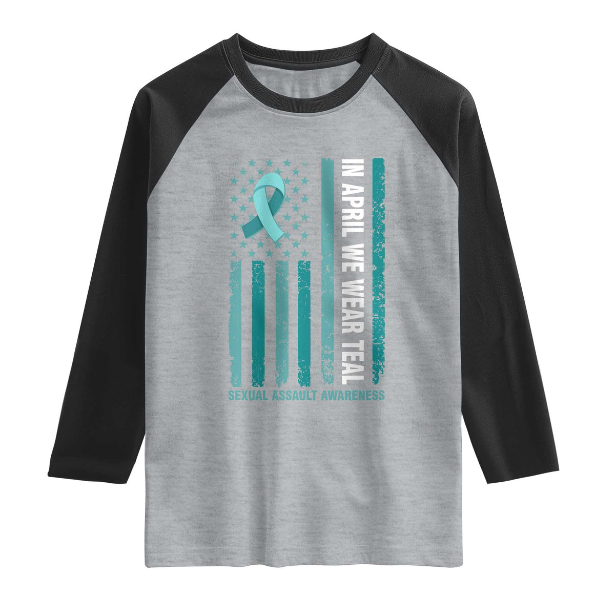 Sexual Assault Awareness American Flag Raglan Shirt In April We Wear Teal Ribbon TS14 Heather Gray Black Print Your Wear