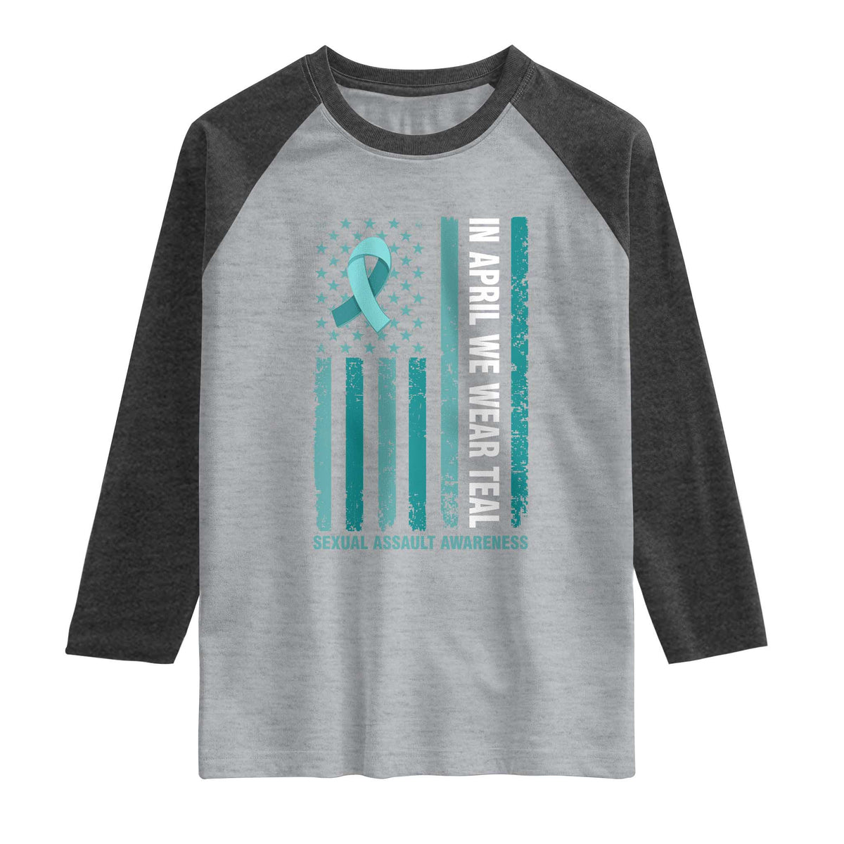 Sexual Assault Awareness American Flag Raglan Shirt In April We Wear Teal Ribbon TS14 Heather Gray Heather Charcoal Print Your Wear