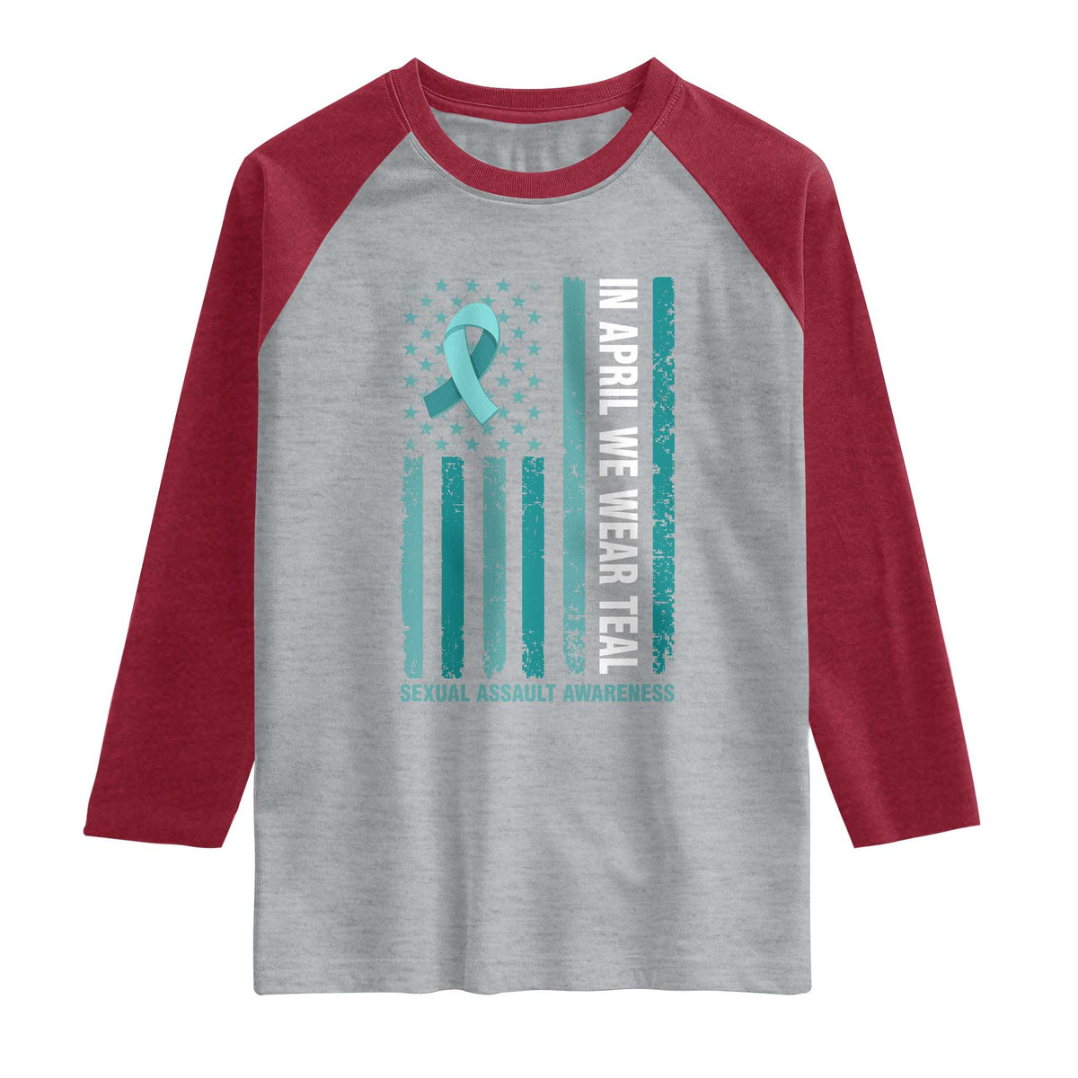 Sexual Assault Awareness American Flag Raglan Shirt In April We Wear Teal Ribbon TS14 Heather Gray Heather Red Print Your Wear