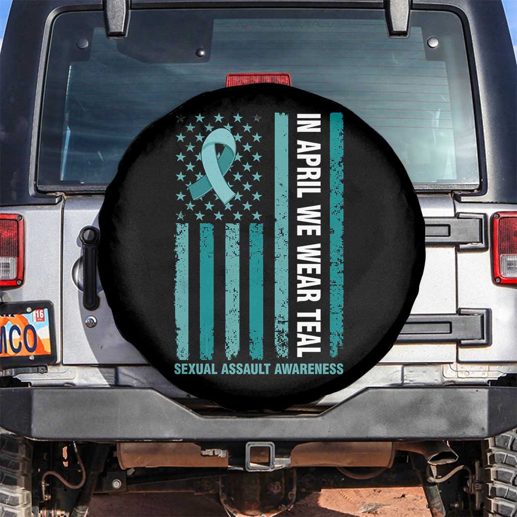 Sexual Assault Awareness American Flag Spare Tire Cover In April We Wear Teal Ribbon TS14 No hole Black Print Your Wear