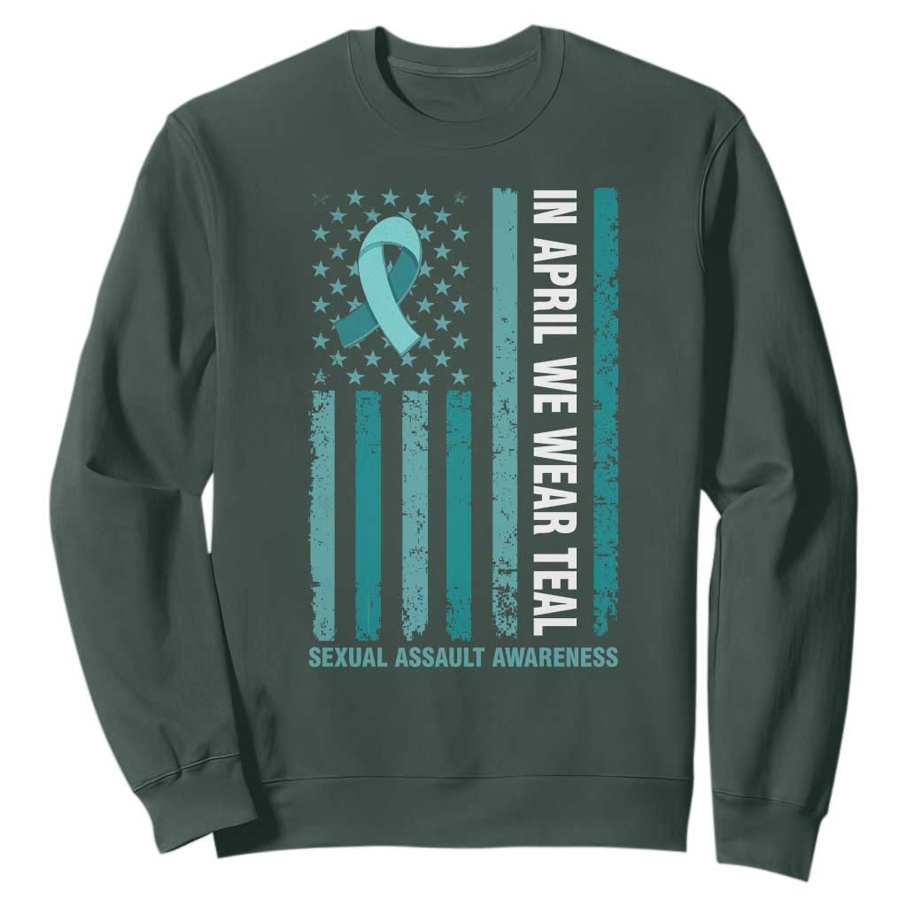 Sexual Assault Awareness American Flag Sweatshirt In April We Wear Teal Ribbon TS14 Dark Forest Green Print Your Wear