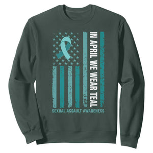 Sexual Assault Awareness American Flag Sweatshirt In April We Wear Teal Ribbon TS14 Dark Forest Green Print Your Wear