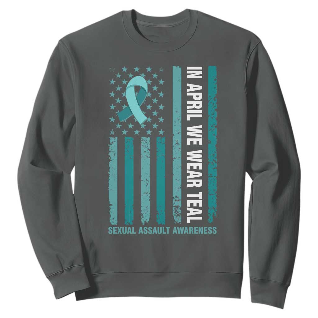 Sexual Assault Awareness American Flag Sweatshirt In April We Wear Teal Ribbon TS14 Dark Heather Print Your Wear
