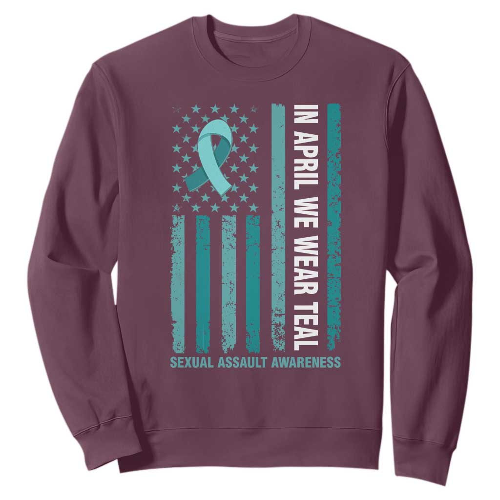Sexual Assault Awareness American Flag Sweatshirt In April We Wear Teal Ribbon TS14 Maroon Print Your Wear