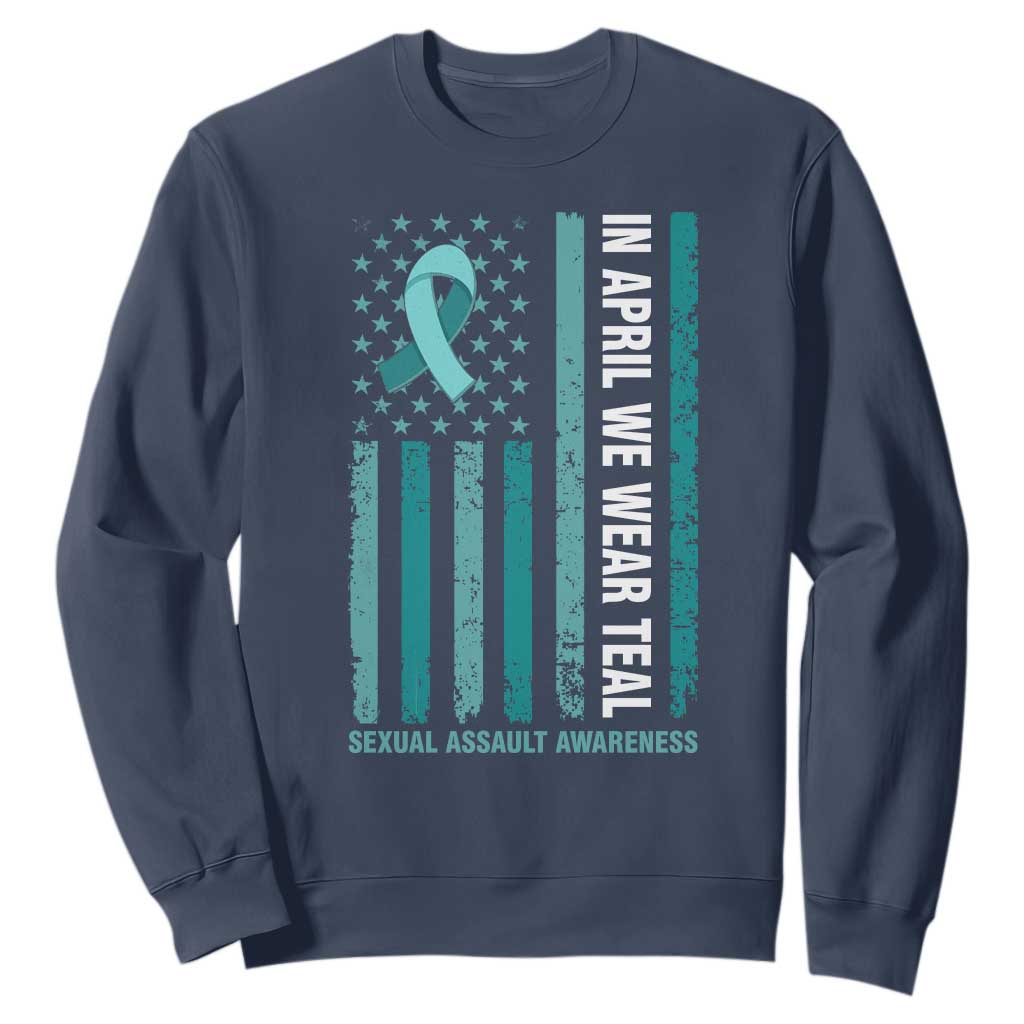 Sexual Assault Awareness American Flag Sweatshirt In April We Wear Teal Ribbon TS14 Navy Print Your Wear