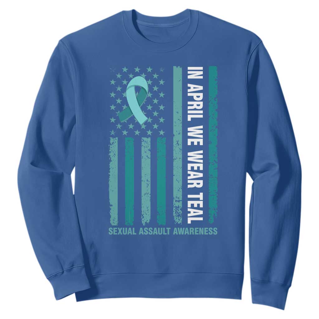 Sexual Assault Awareness American Flag Sweatshirt In April We Wear Teal Ribbon TS14 Royal Blue Print Your Wear