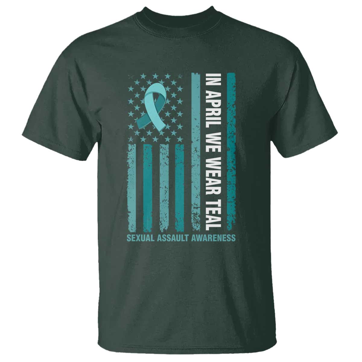 Sexual Assault Awareness American Flag T Shirt In April We Wear Teal Ribbon TS14 Dark Forest Green Print Your Wear