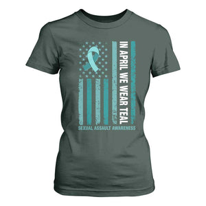 Sexual Assault Awareness American Flag T Shirt For Women In April We Wear Teal Ribbon TS14 Dark Forest Green Print Your Wear