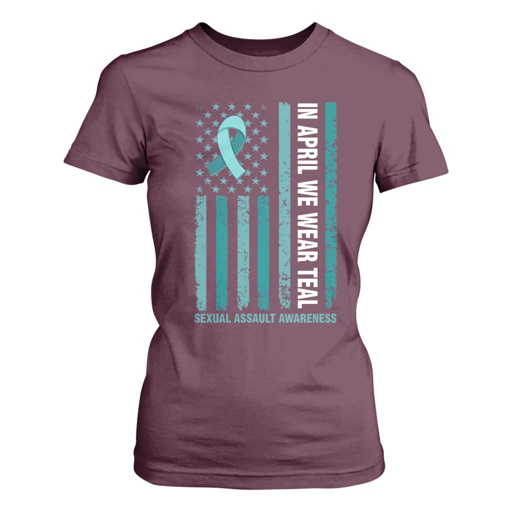 Sexual Assault Awareness American Flag T Shirt For Women In April We Wear Teal Ribbon TS14 Maroon Print Your Wear