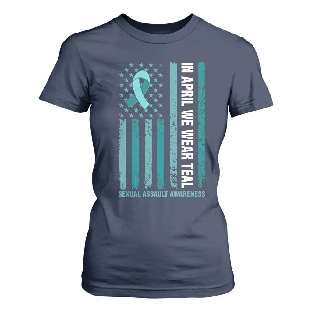 Sexual Assault Awareness American Flag T Shirt For Women In April We Wear Teal Ribbon TS14 Navy Print Your Wear