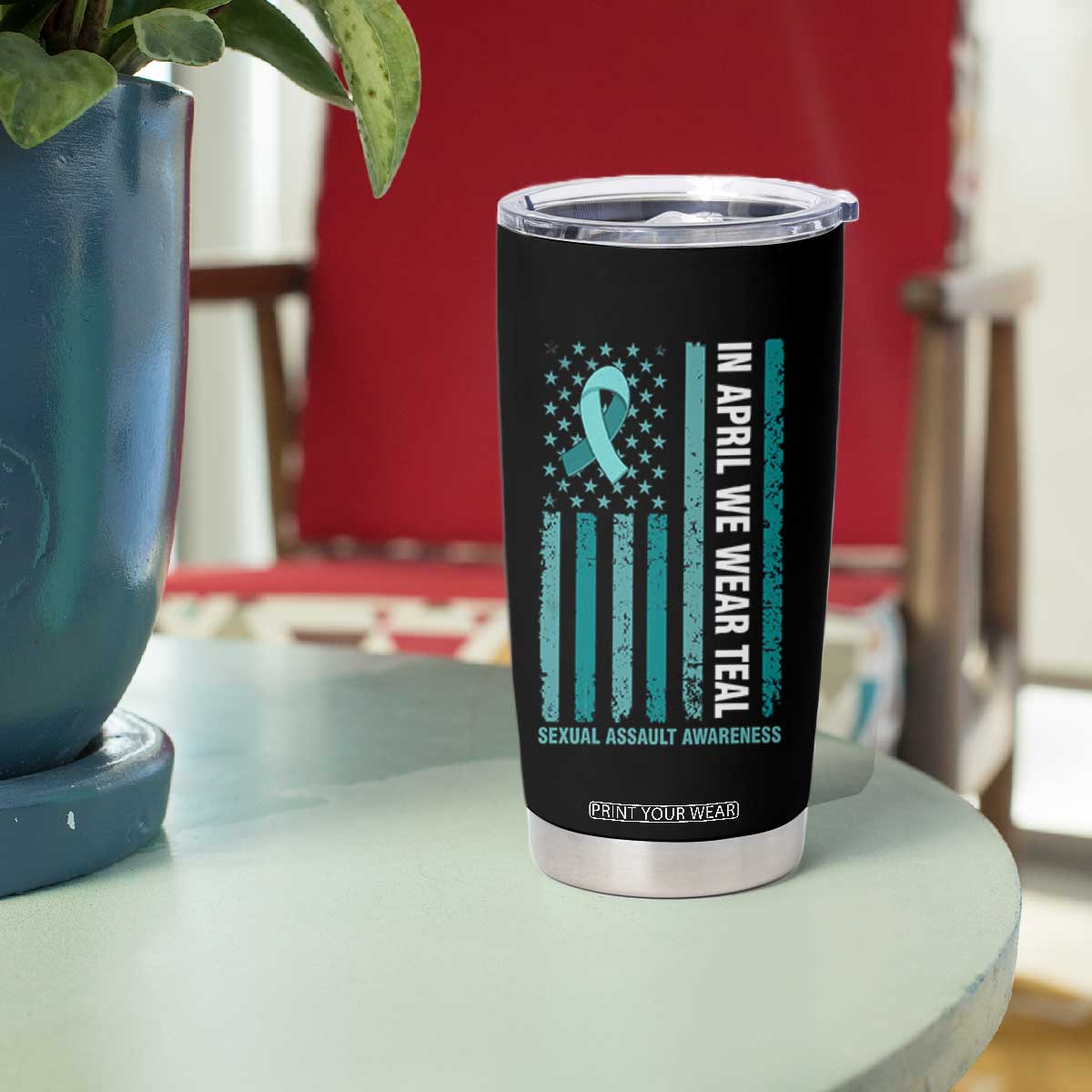 Sexual Assault Awareness American Flag Tumbler Cup In April We Wear Teal Ribbon TS14 Print Your Wear