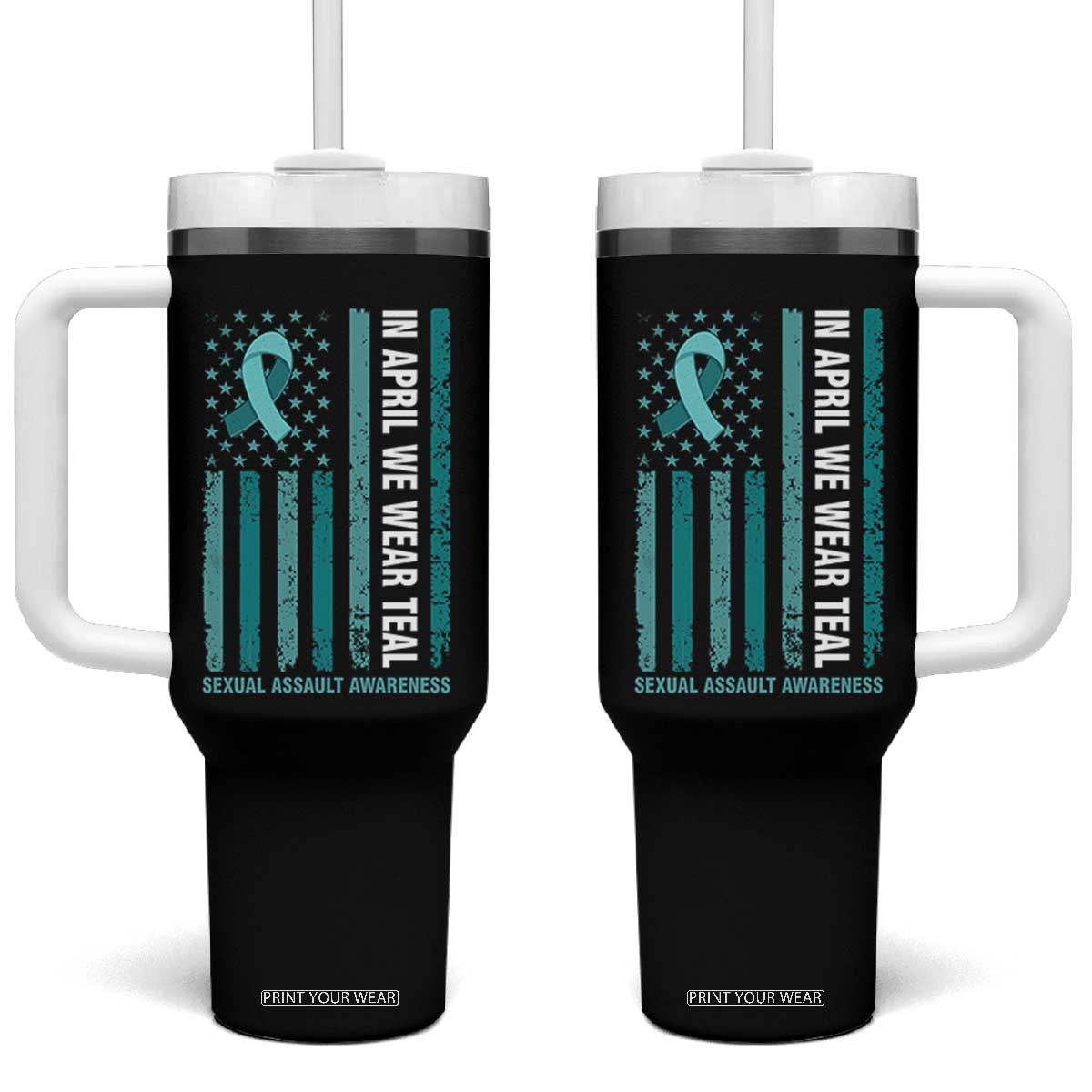 Sexual Assault Awareness American Flag Tumbler With Handle In April We Wear Teal Ribbon TS14 One Size: 40 oz Black Print Your Wear
